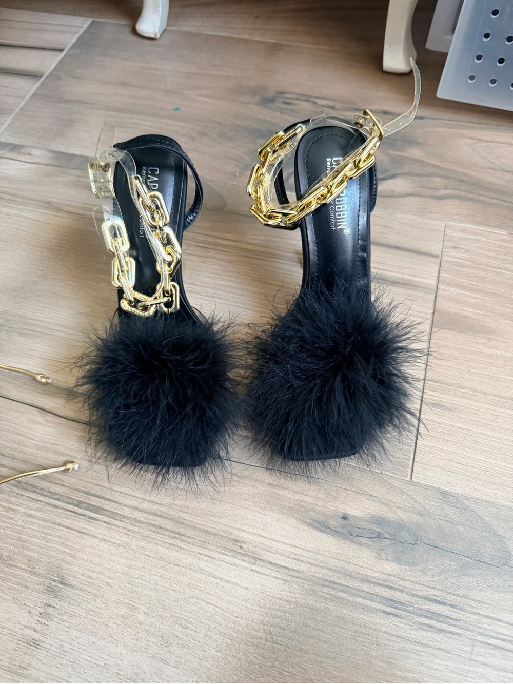 Black Feather Pom heels with Chunky Gold Chain Strap